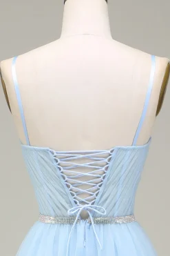 Brilhante azul claro A-Line Tulle Prom Dress Com Apliques