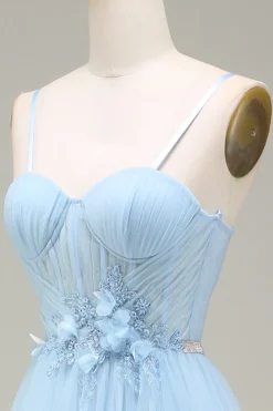 Brilhante azul claro A-Line Tulle Prom Dress Com Apliques