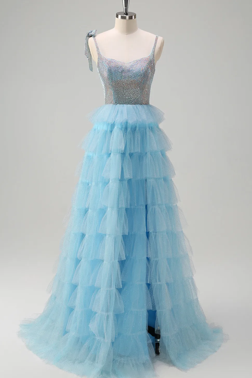 Brilhante azul claro A-Line babado vestido de baile com fenda
