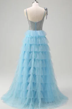 Brilhante azul claro A-Line babado vestido de baile com fenda