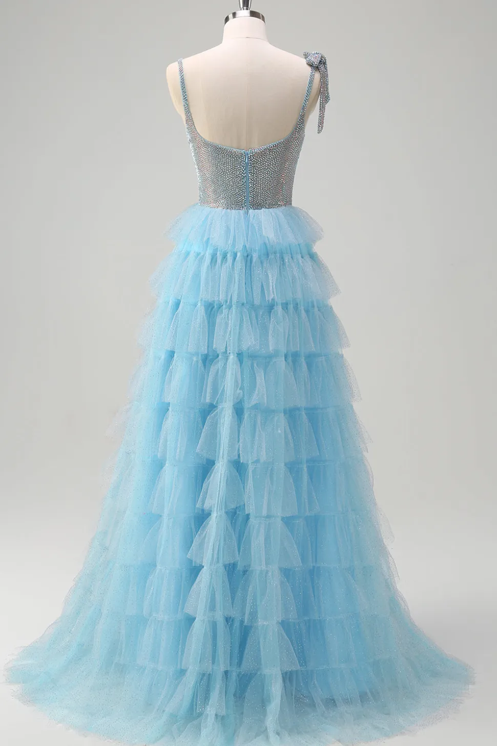 Brilhante azul claro A-Line babado vestido de baile com fenda