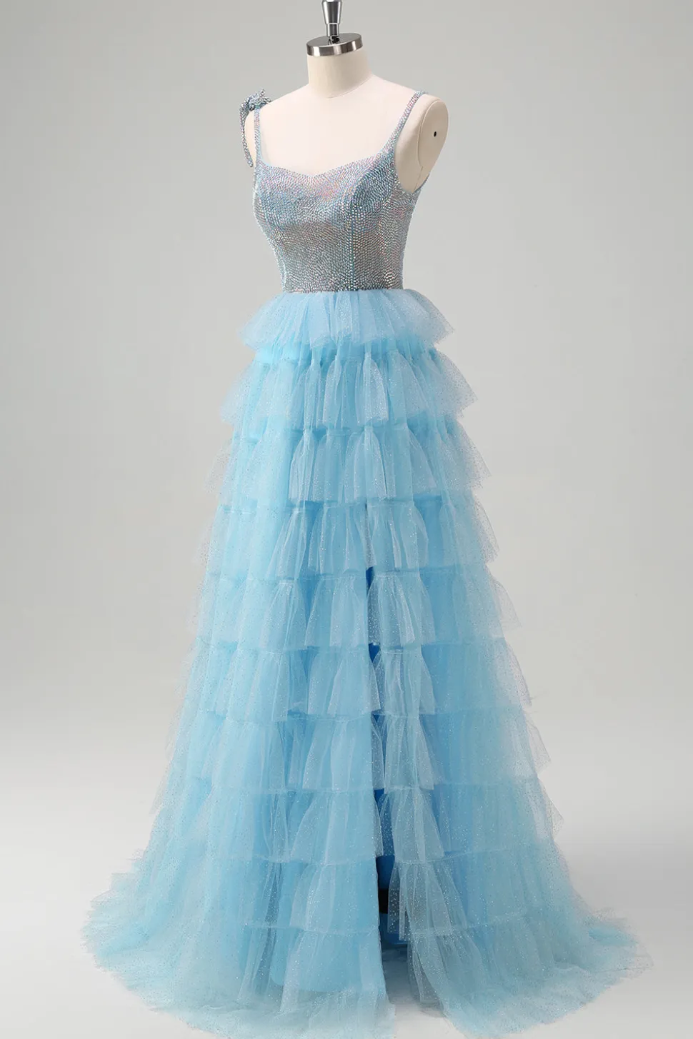 Brilhante azul claro A-Line babado vestido de baile com fenda