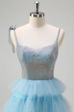 Brilhante azul claro A-Line babado vestido de baile com fenda