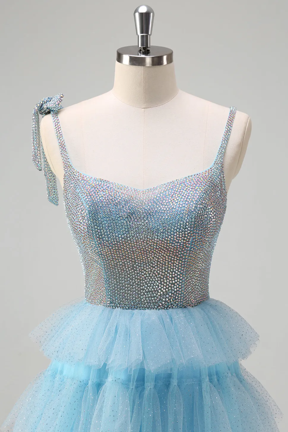 Brilhante azul claro A-Line babado vestido de baile com fenda