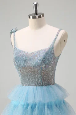 Brilhante azul claro A-Line babado vestido de baile com fenda
