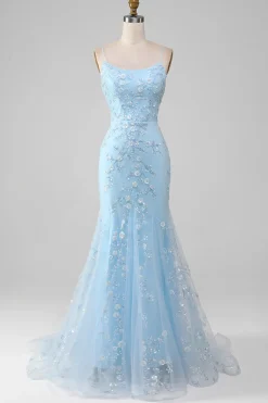 Brilhante azul claro frisado sereia longo vestido de baile