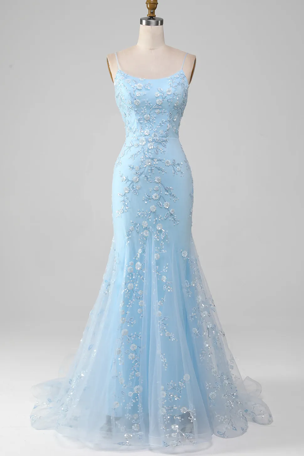 Brilhante azul claro frisado sereia longo vestido de baile