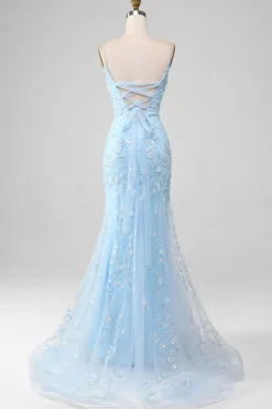 Brilhante azul claro frisado sereia longo vestido de baile