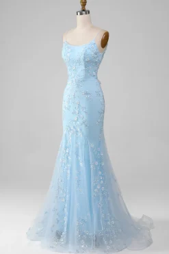 Brilhante azul claro frisado sereia longo vestido de baile