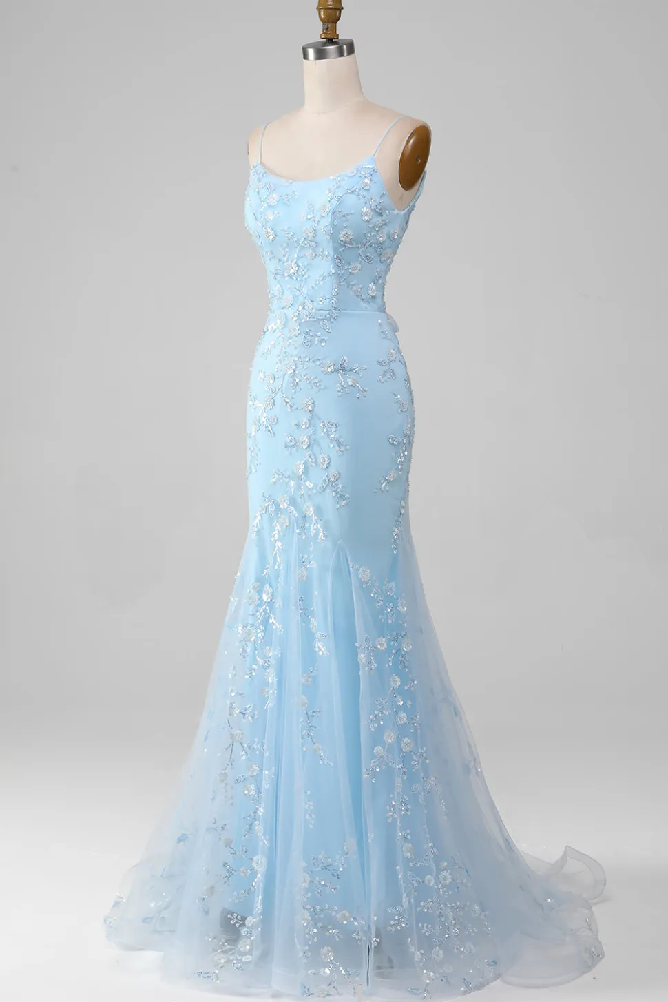Brilhante azul claro frisado sereia longo vestido de baile