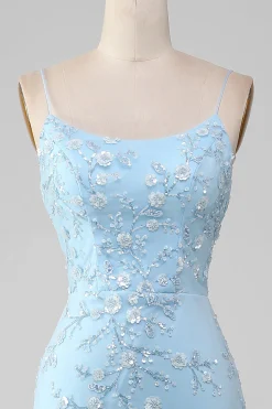 Brilhante azul claro frisado sereia longo vestido de baile
