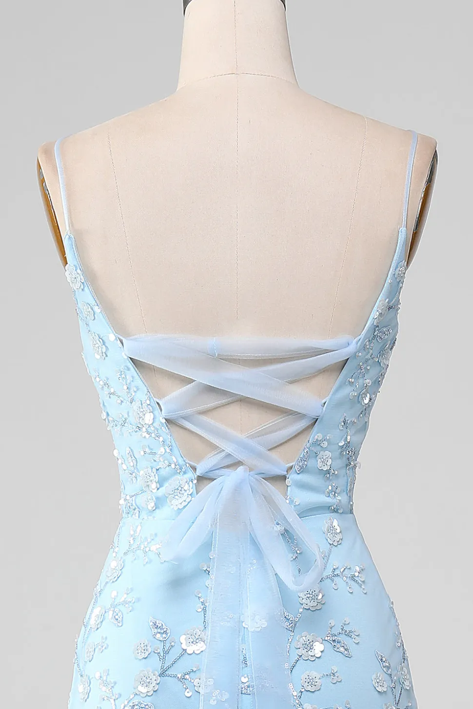 Brilhante azul claro frisado sereia longo vestido de baile