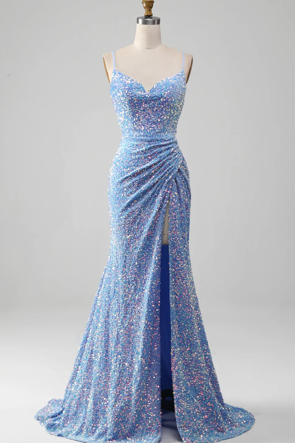 Brilhante Azul Claro Lantejoulas Longo Vestido De Baile com Fenda