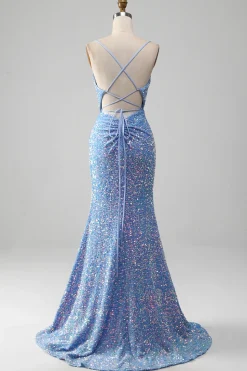 Brilhante Azul Claro Lantejoulas Longo Vestido De Baile com Fenda