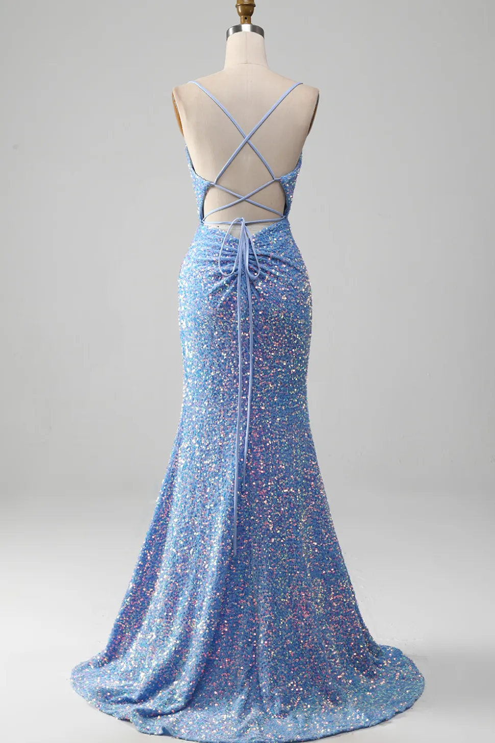 Brilhante Azul Claro Lantejoulas Longo Vestido De Baile com Fenda
