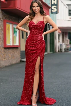 Brilhante Azul Claro Lantejoulas Longo Vestido De Baile com Fenda