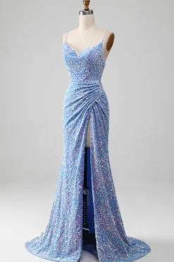 Brilhante Azul Claro Lantejoulas Longo Vestido De Baile com Fenda