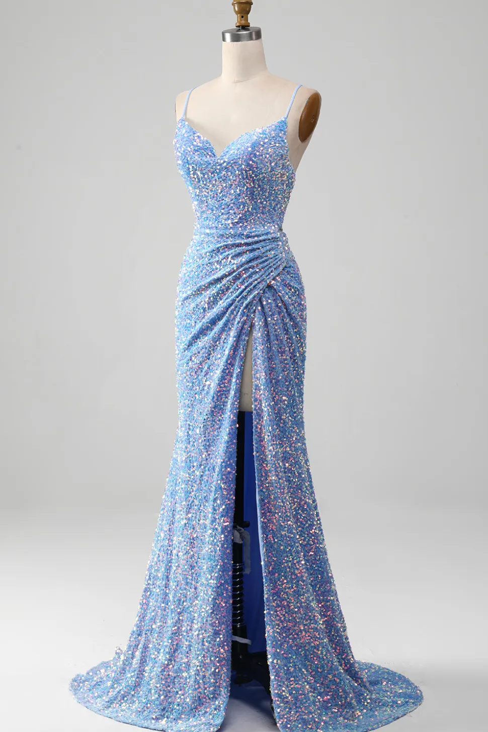 Brilhante Azul Claro Lantejoulas Longo Vestido De Baile com Fenda