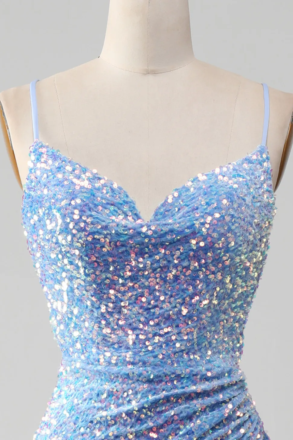 Brilhante Azul Claro Lantejoulas Longo Vestido De Baile com Fenda
