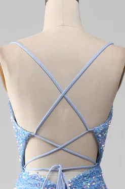 Brilhante Azul Claro Lantejoulas Longo Vestido De Baile com Fenda