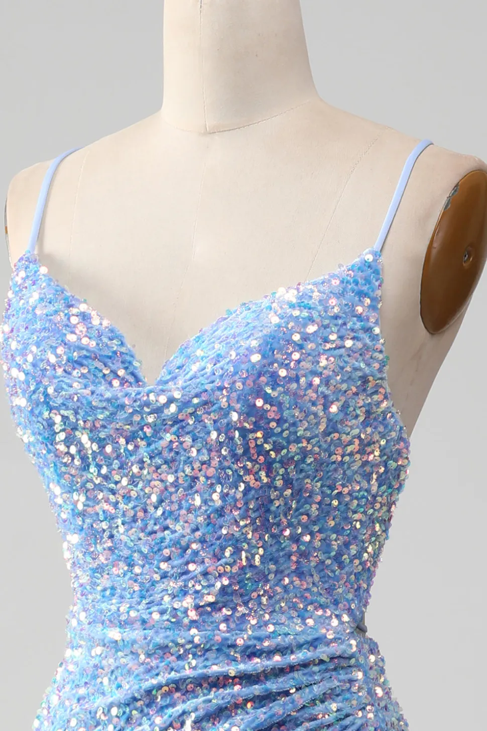 Brilhante Azul Claro Lantejoulas Longo Vestido De Baile com Fenda