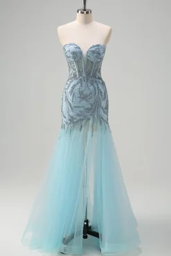 Brilhante azul claro sereia espartilho sem alças longo frisado vestido de baile com fenda
