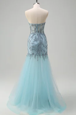 Brilhante azul claro sereia espartilho sem alças longo frisado vestido de baile com fenda
