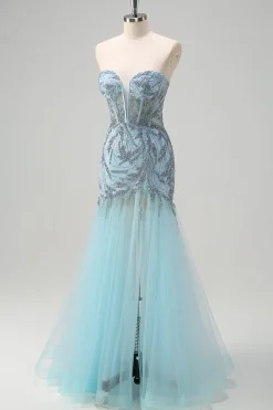 Brilhante azul claro sereia espartilho sem alças longo frisado vestido de baile com fenda