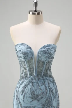 Brilhante azul claro sereia espartilho sem alças longo frisado vestido de baile com fenda
