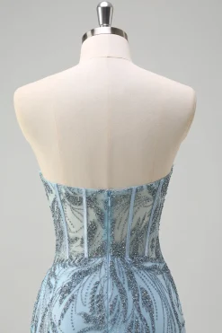 Brilhante azul claro sereia espartilho sem alças longo frisado vestido de baile com fenda