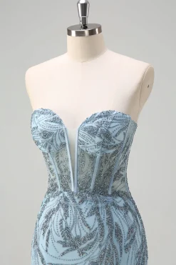 Brilhante azul claro sereia espartilho sem alças longo frisado vestido de baile com fenda