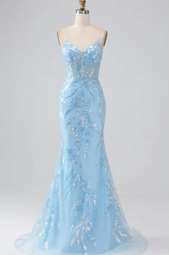 Brilhante azul claro sereia espaguete alças longo vestido de baile com missangas