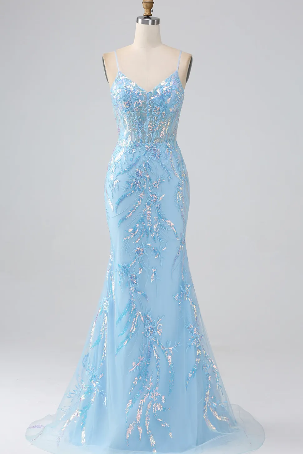 Brilhante azul claro sereia espaguete alças longo vestido de baile com missangas