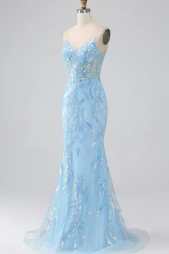 Brilhante azul claro sereia espaguete alças longo vestido de baile com missangas