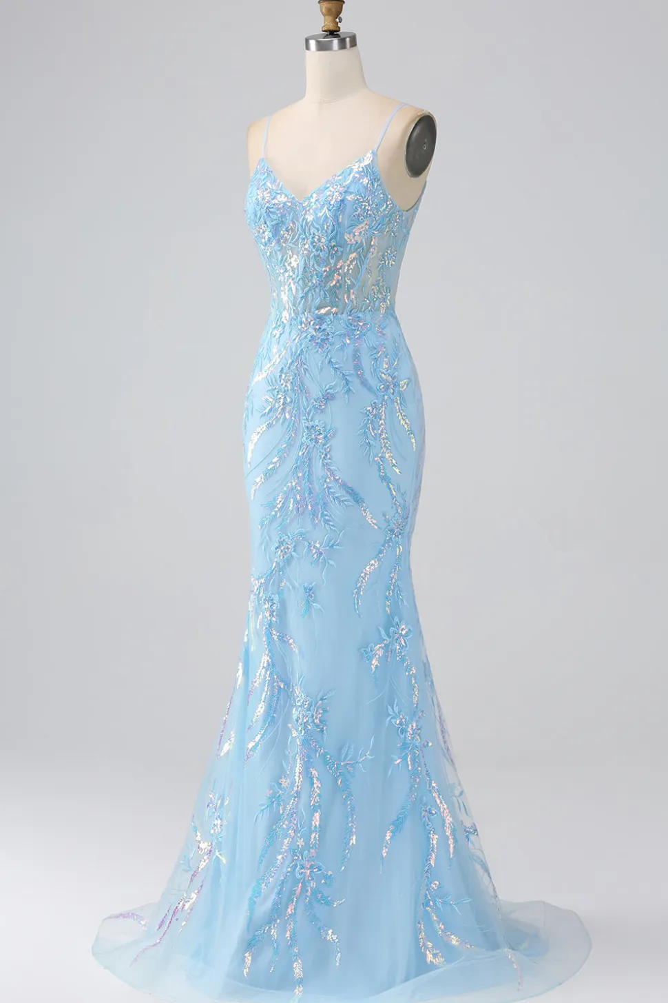 Brilhante azul claro sereia espaguete alças longo vestido de baile com missangas