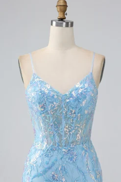 Brilhante azul claro sereia espaguete alças longo vestido de baile com missangas