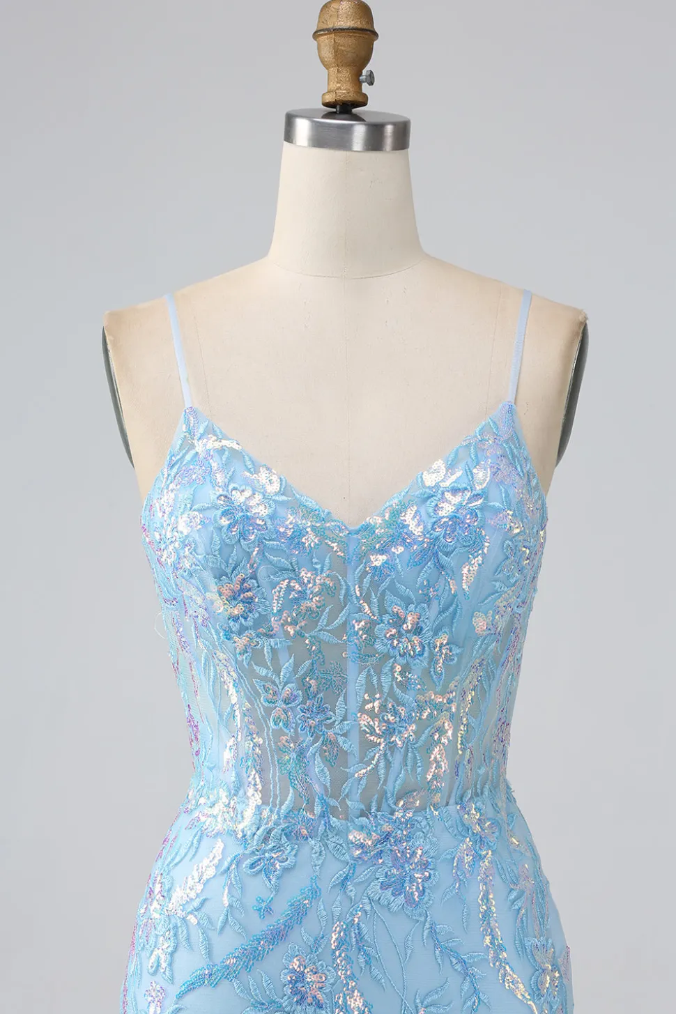 Brilhante azul claro sereia espaguete alças longo vestido de baile com missangas