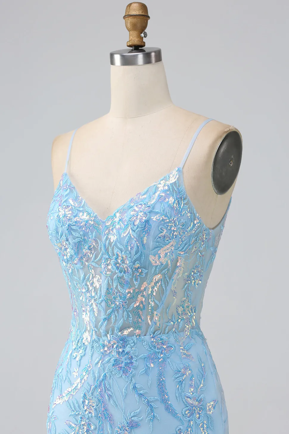 Brilhante azul claro sereia espaguete alças longo vestido de baile com missangas