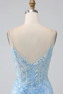 Brilhante azul claro sereia espaguete alças longo vestido de baile com missangas
