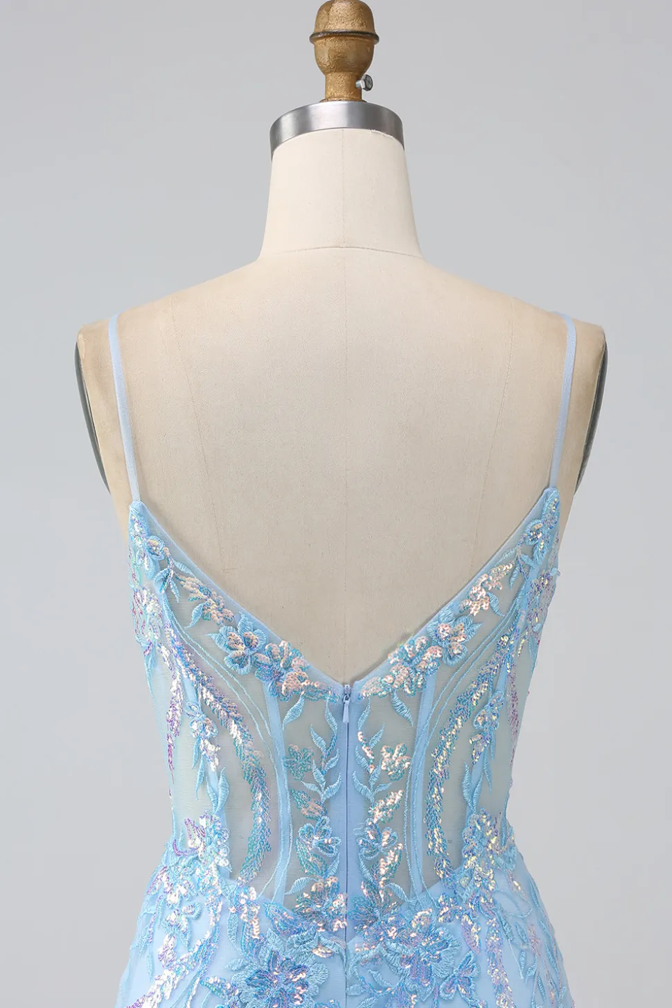 Brilhante azul claro sereia espaguete alças longo vestido de baile com missangas