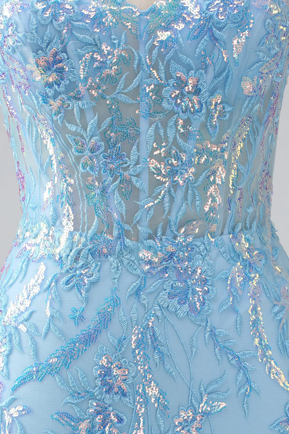 Brilhante azul claro sereia espaguete alças longo vestido de baile com missangas