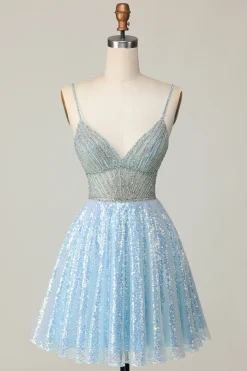 Brilhante Azul Claro V Pescoço Lantejoulas Uma Linha Homecoming Dress
