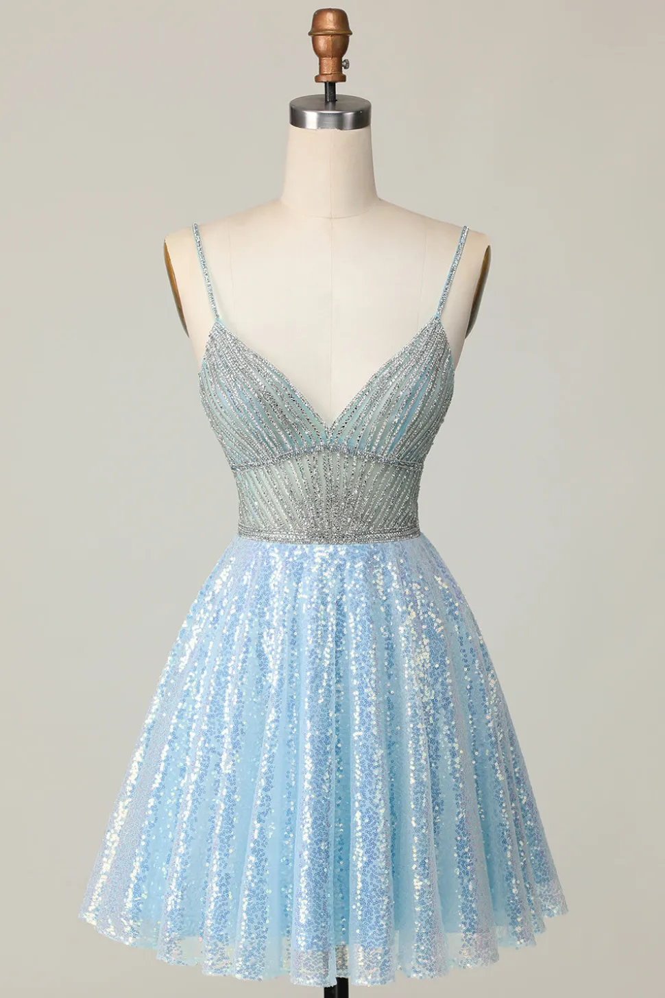 Brilhante Azul Claro V Pescoço Lantejoulas Uma Linha Homecoming Dress