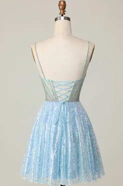 Brilhante Azul Claro V Pescoço Lantejoulas Uma Linha Homecoming Dress