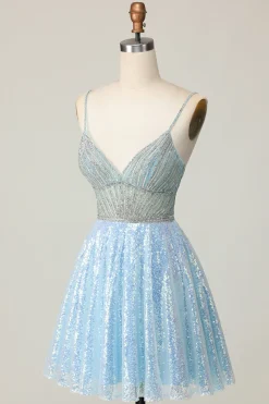 Brilhante Azul Claro V Pescoço Lantejoulas Uma Linha Homecoming Dress