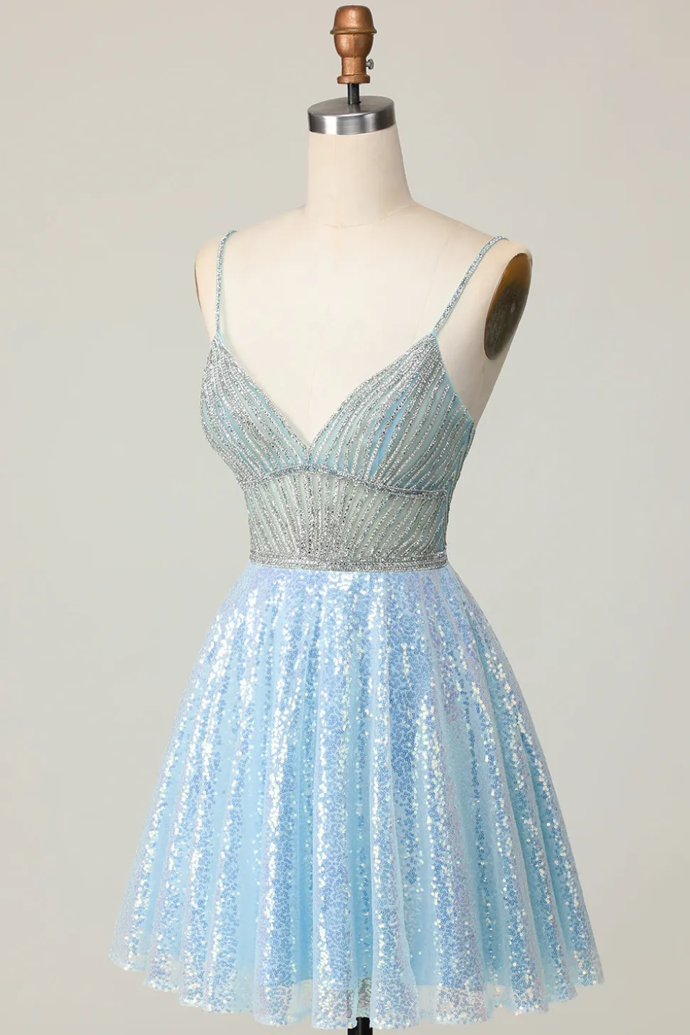 Brilhante Azul Claro V Pescoço Lantejoulas Uma Linha Homecoming Dress