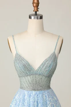 Brilhante Azul Claro V Pescoço Lantejoulas Uma Linha Homecoming Dress