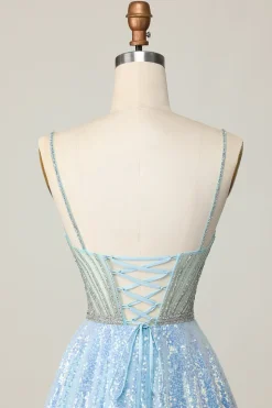 Brilhante Azul Claro V Pescoço Lantejoulas Uma Linha Homecoming Dress