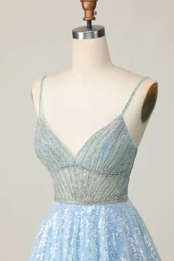 Brilhante Azul Claro V Pescoço Lantejoulas Uma Linha Homecoming Dress
