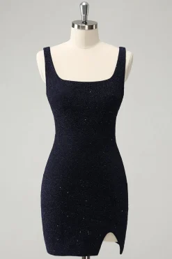 Brilhante Azul Escuro Pescoço Quadrado Bodycon Mini Homecoming Vestido Com Fenda